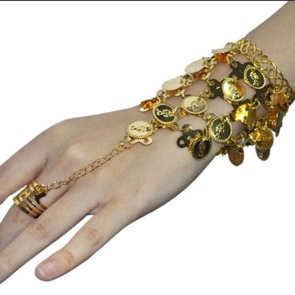 Gold toned Dangle coin charm bracelet and ring. - Picture 1 of 11